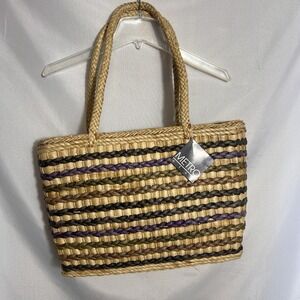 Large Weaved Straw Beach Bat Purse Tote Metro Gear Rattan Vacation Travel *see